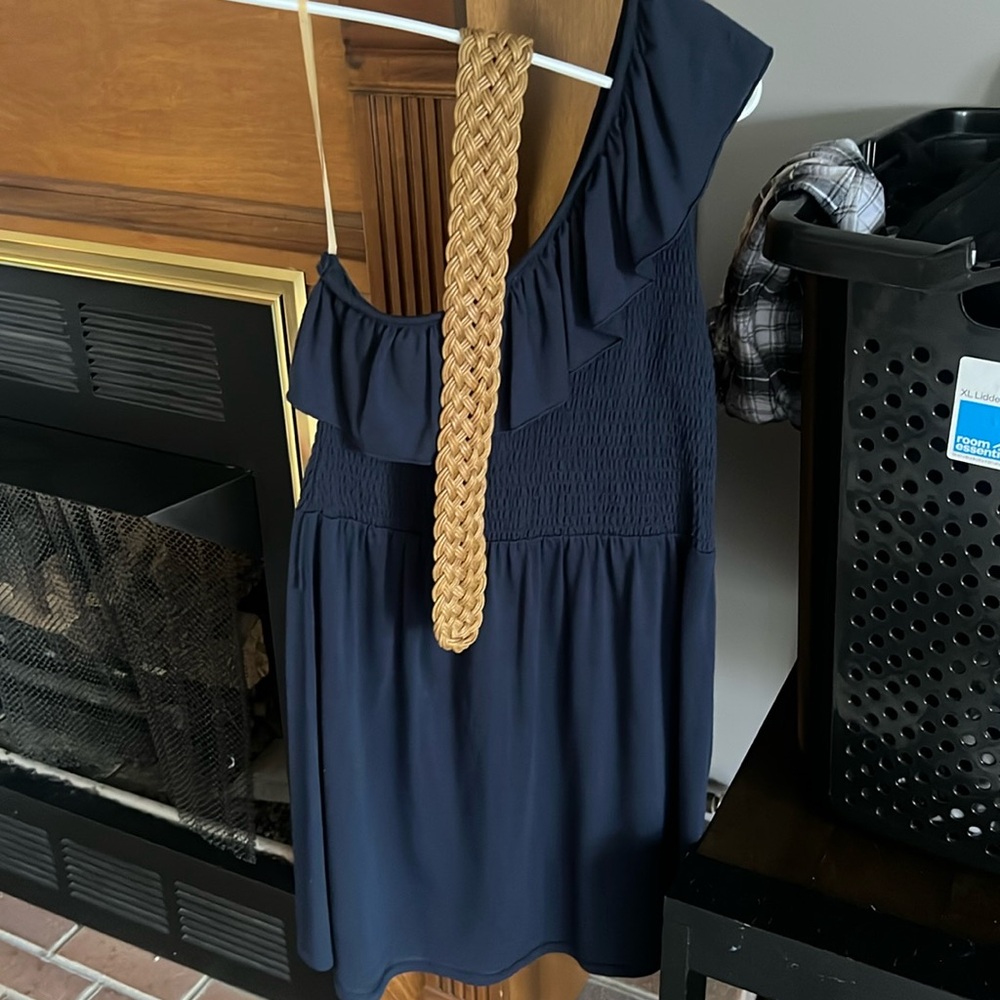 Ladies asymmetrical jersey dress size medium, comes with belt.